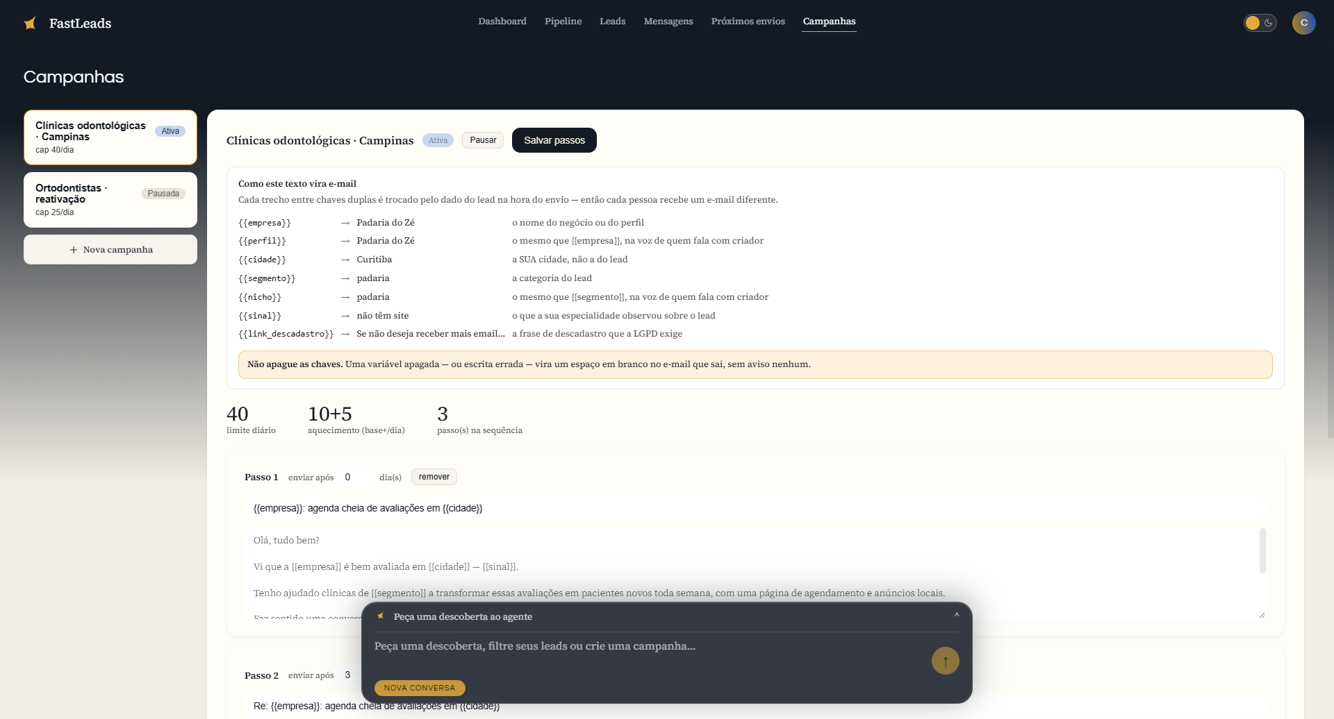 Editor de campanhas do FastLeads com variáveis, limite diário, aquecimento e passos da sequência