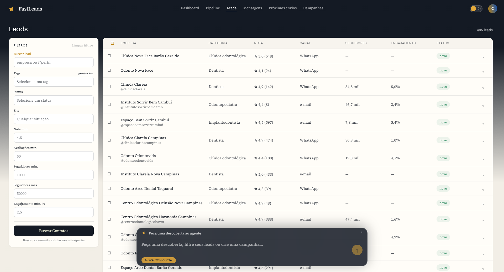 Lista de leads do FastLeads com filtros por nota mínima, avaliações, seguidores e engajamento